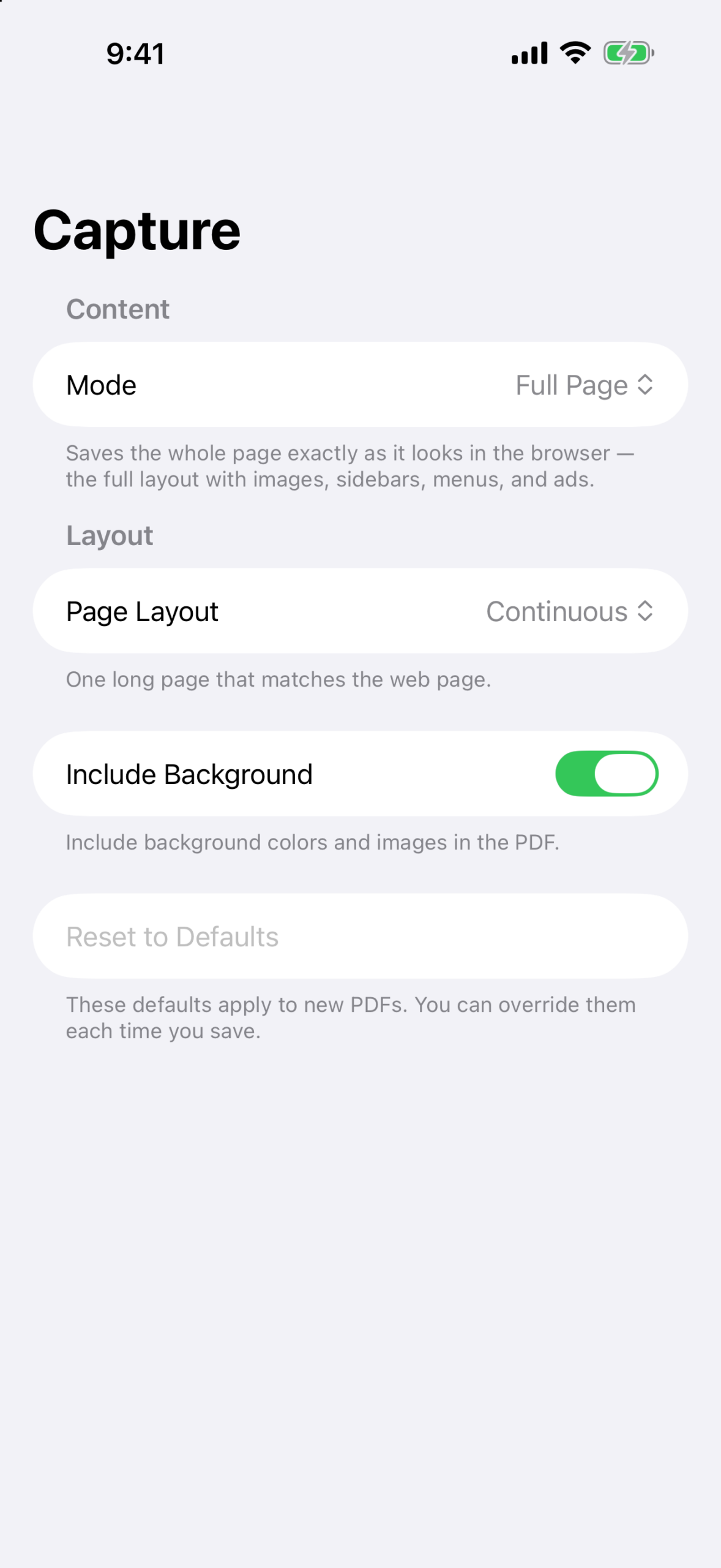 WebPDF capture settings
